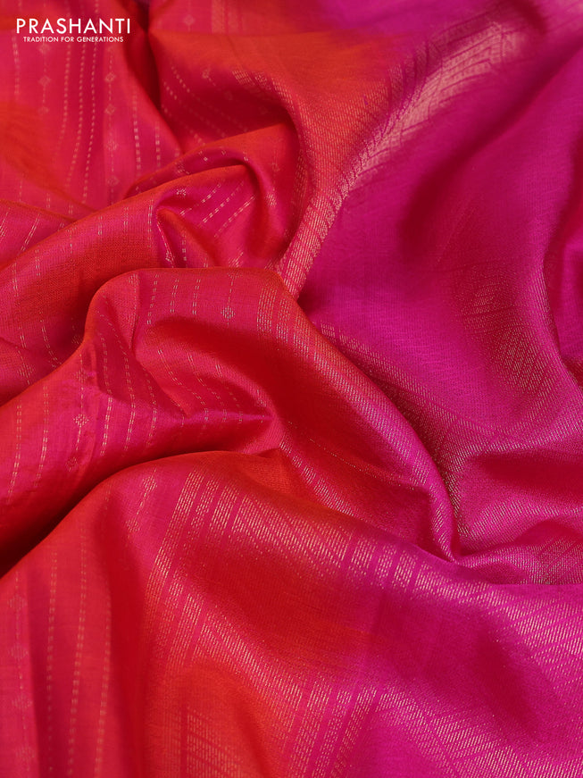Pure soft silk saree dual shade of pinkish orange and pink with allover zari weaves and embroidery border