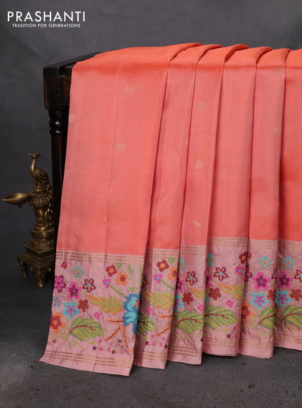 Pure soft silk saree orange and pastel peach with zari woven buttas and embroidery border