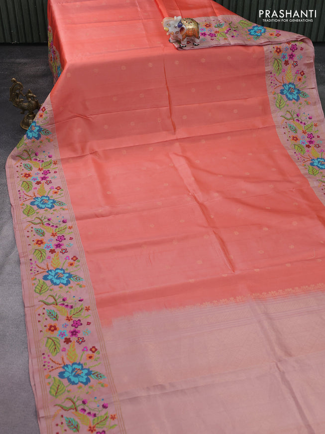Pure soft silk saree orange and pastel peach with zari woven buttas and embroidery border