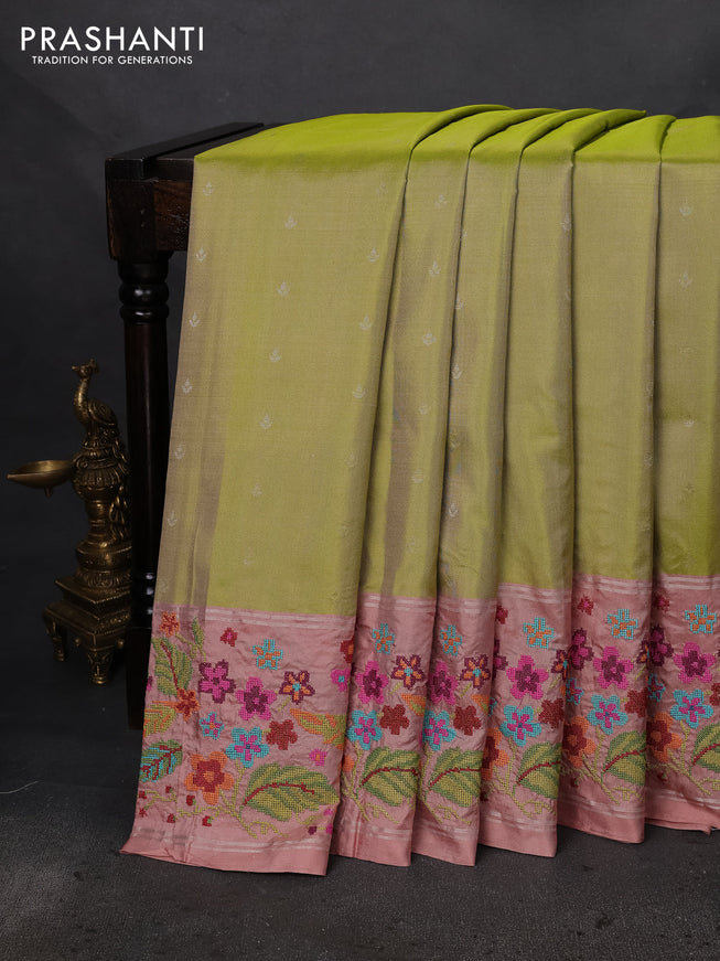 Pure soft silk saree lime green and pastel peach with silver zari woven buttas and embroidery border