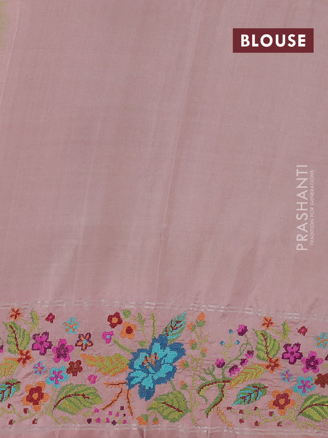 Pure soft silk saree lime green and pastel peach with silver zari woven buttas and embroidery border