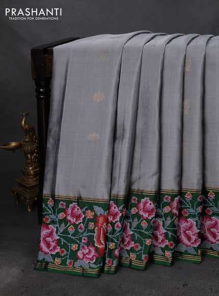 Pure soft silk saree grey and green with annam zari woven buttas and embroidery border