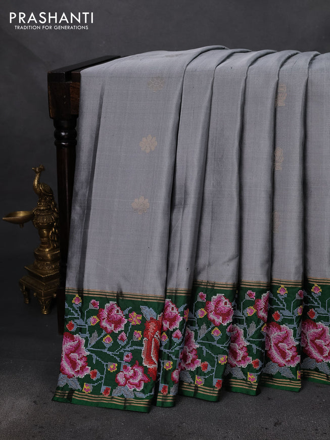 Pure soft silk saree grey and green with annam zari woven buttas and embroidery border