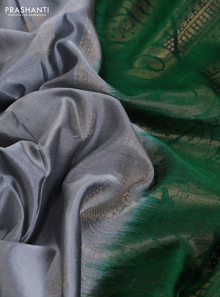 Pure soft silk saree grey and green with annam zari woven buttas and embroidery border
