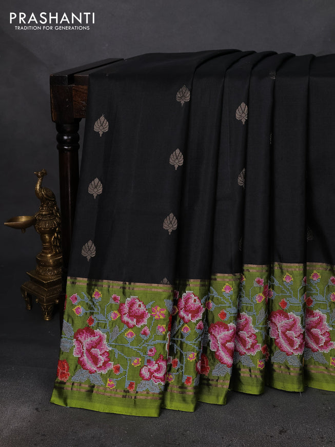 Pure soft silk saree black and mehendi green with zari woven buttas and embroidery border