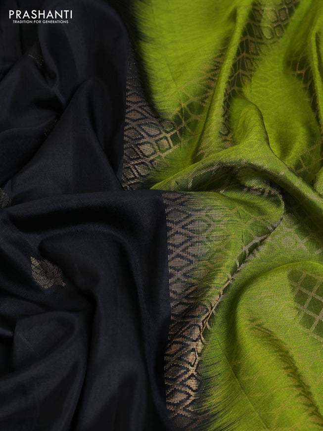 Pure soft silk saree black and mehendi green with zari woven buttas and embroidery border