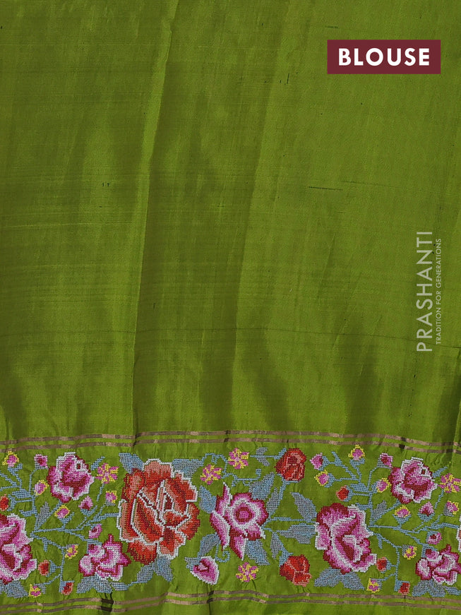 Pure soft silk saree black and mehendi green with zari woven buttas and embroidery border
