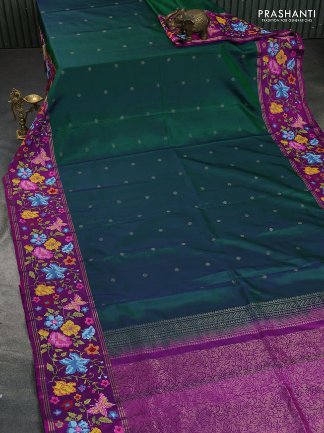 Pure soft silk saree green and purple with zari woven buttas and embroidery border