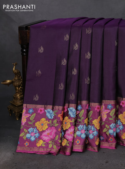 Pure soft silk saree deep violet and mauve pink with peacock zari woven buttas and embroidery border