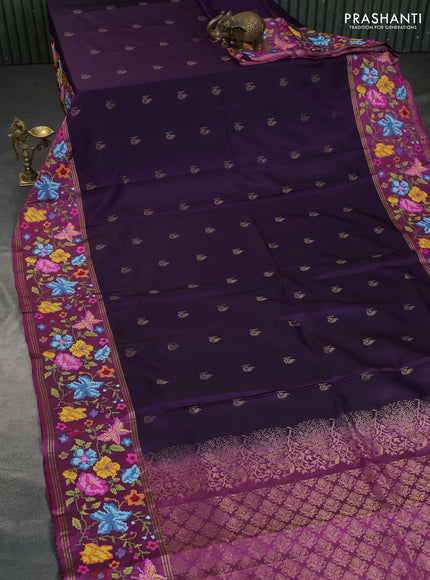 Pure soft silk saree deep violet and mauve pink with peacock zari woven buttas and embroidery border