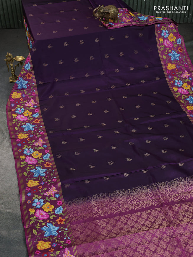 Pure soft silk saree deep violet and mauve pink with peacock zari woven buttas and embroidery border