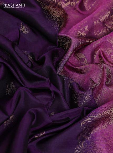 Pure soft silk saree deep violet and mauve pink with peacock zari woven buttas and embroidery border