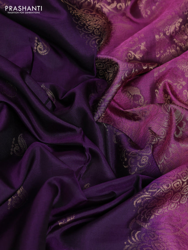 Pure soft silk saree deep violet and mauve pink with peacock zari woven buttas and embroidery border