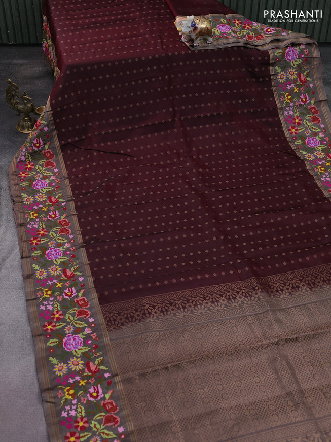 Pure soft silk saree deep maroon and pastel brown with zari woven buttas and embroidery border