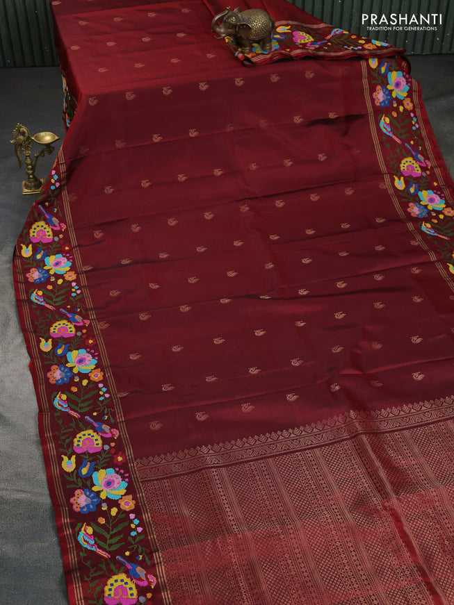 Pure soft silk saree maroon with zari woven buttas and embroidery border