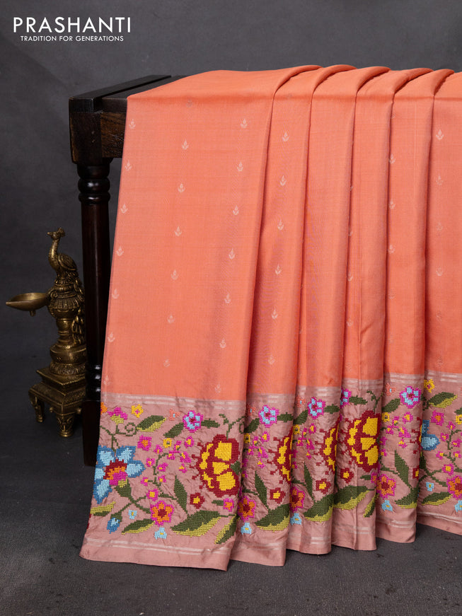 Pure soft silk saree peach orange and peach shade with silver zari woven buttas and embroidery border
