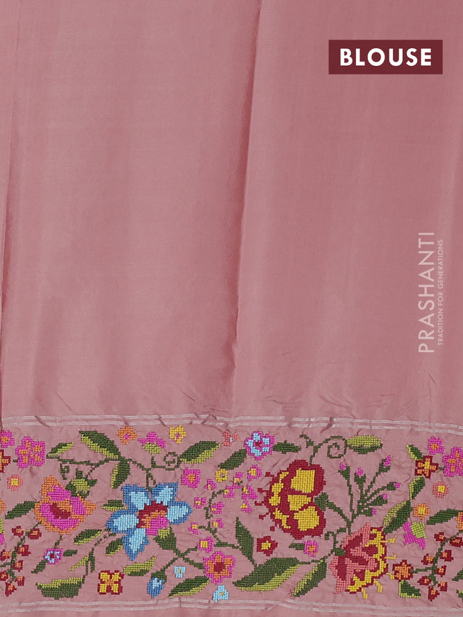 Pure soft silk saree peach orange and peach shade with silver zari woven buttas and embroidery border