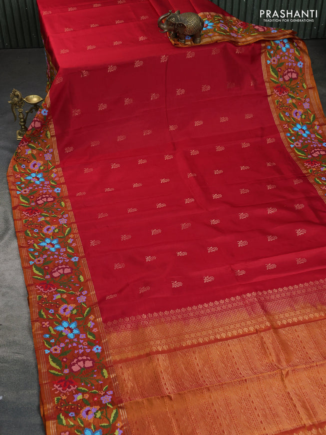 Pure soft silk saree red and mustard yellow with zari woven buttas and embroidery border