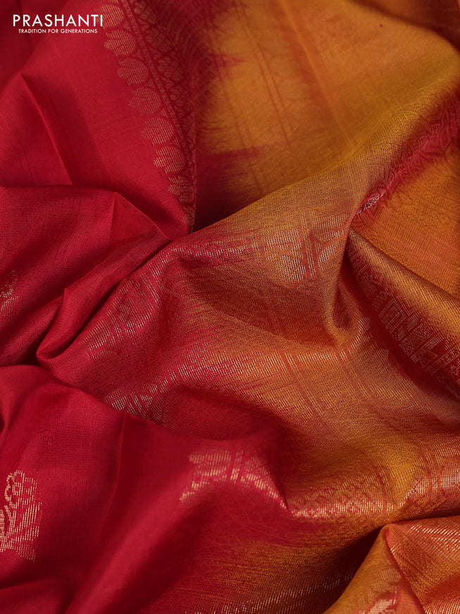 Pure soft silk saree red and mustard yellow with zari woven buttas and embroidery border