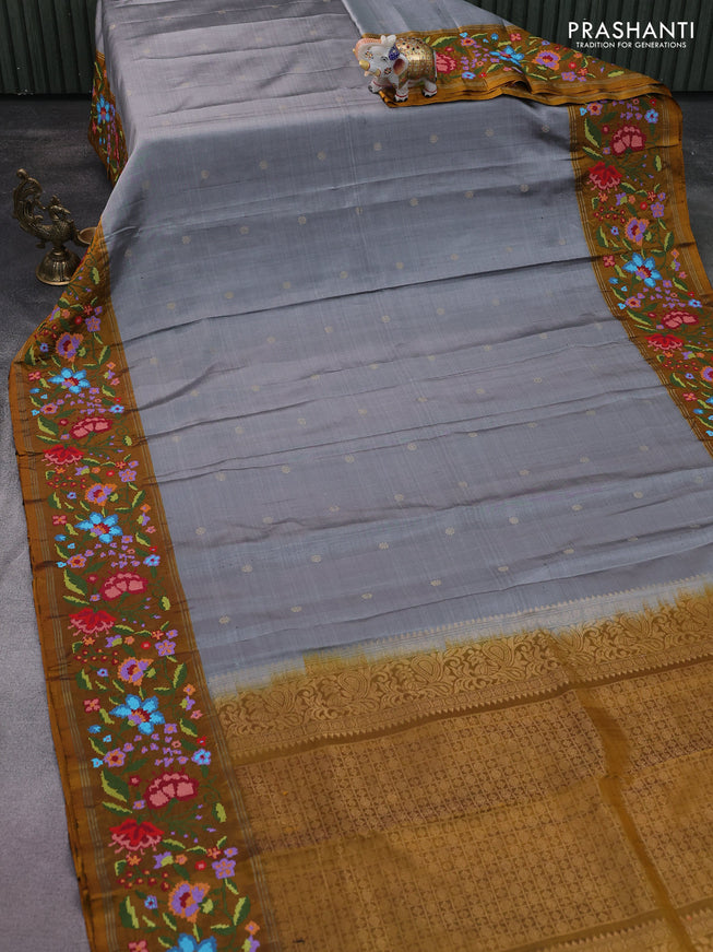 Pure soft silk saree grey and dark mustard with zari woven buttas and embroidery border