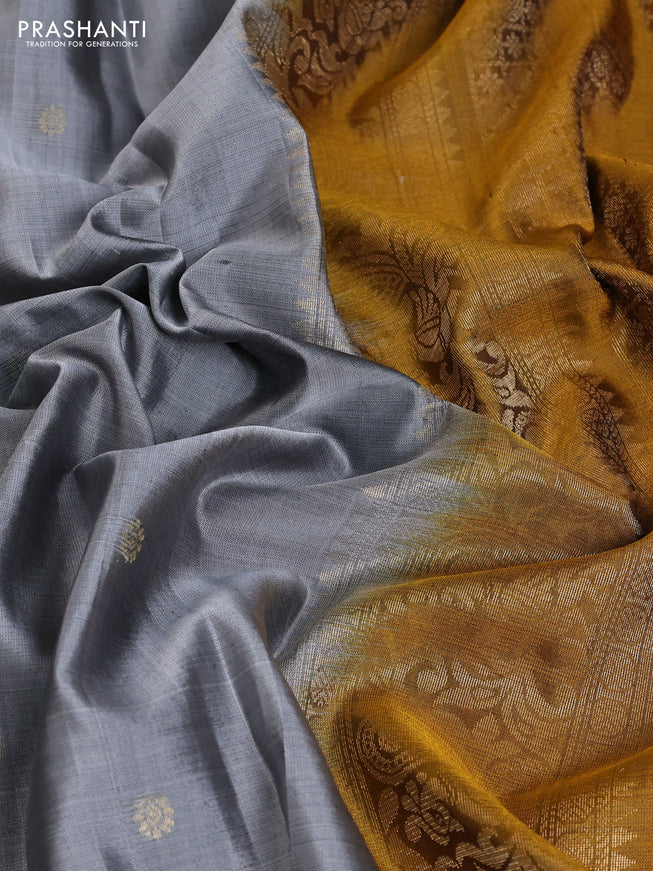 Pure soft silk saree grey and dark mustard with zari woven buttas and embroidery border