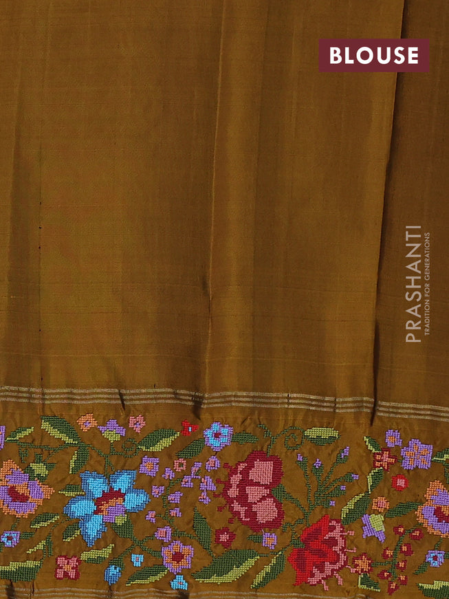 Pure soft silk saree grey and dark mustard with zari woven buttas and embroidery border