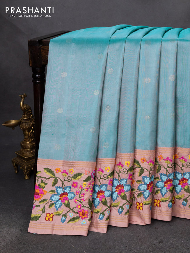 Pure soft silk saree light blue and pastel pink with zari woven buttas and embroidery border