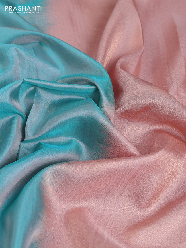 Pure soft silk saree light blue and pastel pink with zari woven buttas and embroidery border
