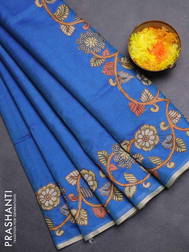 Kota saree dual shade of bluish green with kalamkari applique work