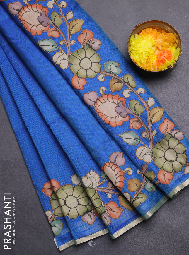 Kota saree dual shade of bluish green with kalamkari applique work