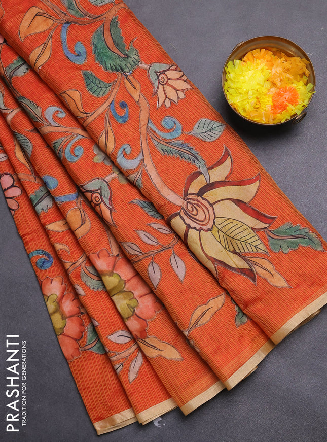 Kota saree dual shade of orange with kalamkari applique work