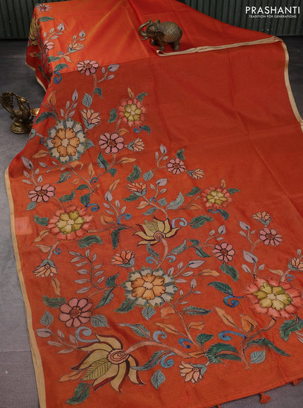 Kota saree dual shade of orange with kalamkari applique work