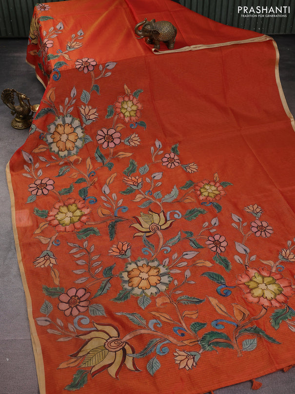 Kota saree dual shade of orange with kalamkari applique work