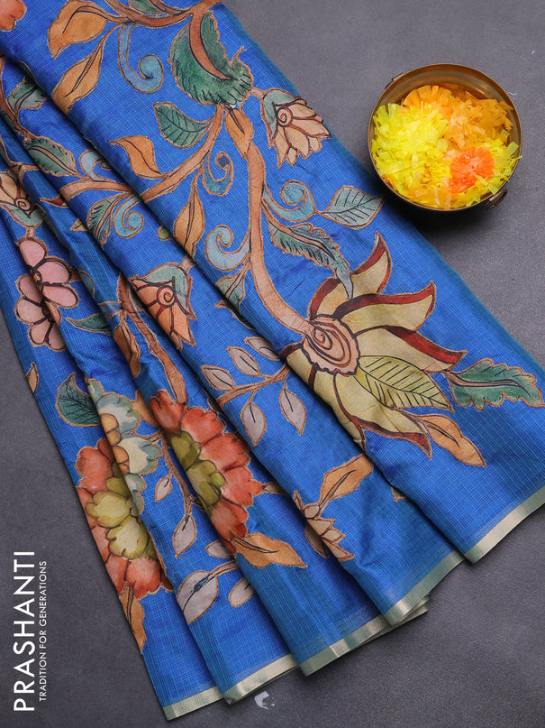 Kota saree dual shade of bluish green with kalamkari applique work