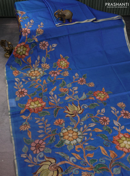 Kota saree dual shade of bluish green with kalamkari applique work