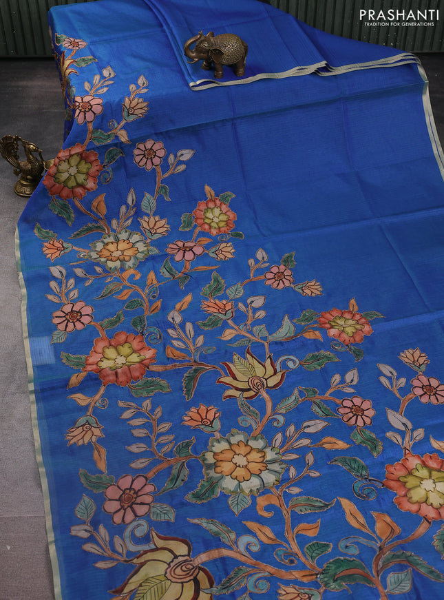 Kota saree dual shade of bluish green with kalamkari applique work