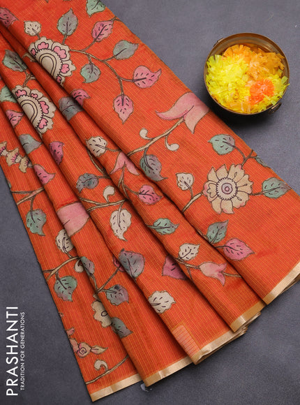 Kota saree dual shade of orange with kalamkari applique work