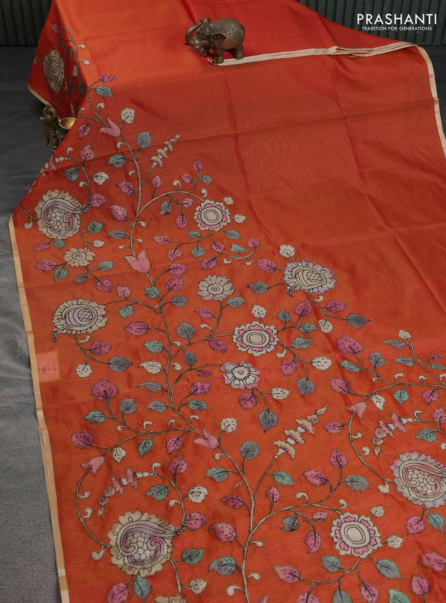 Kota saree dual shade of orange with kalamkari applique work