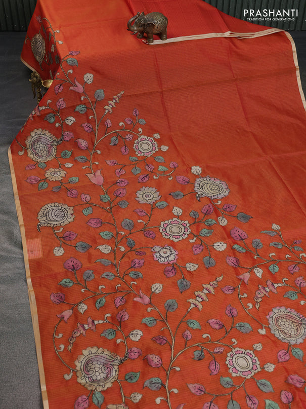 Kota saree dual shade of orange with kalamkari applique work