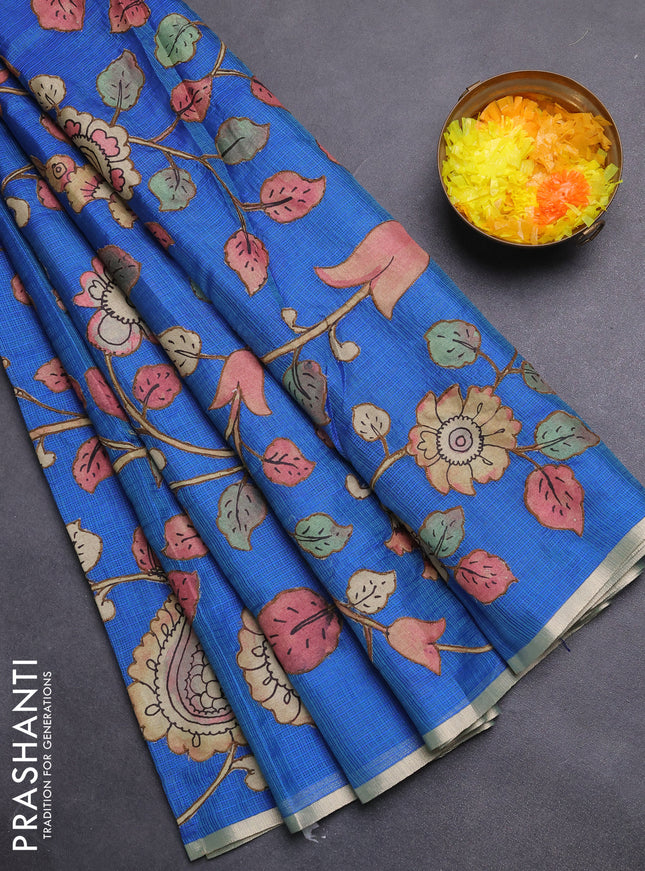 Kota saree dual shade of bluish green with kalamkari applique work