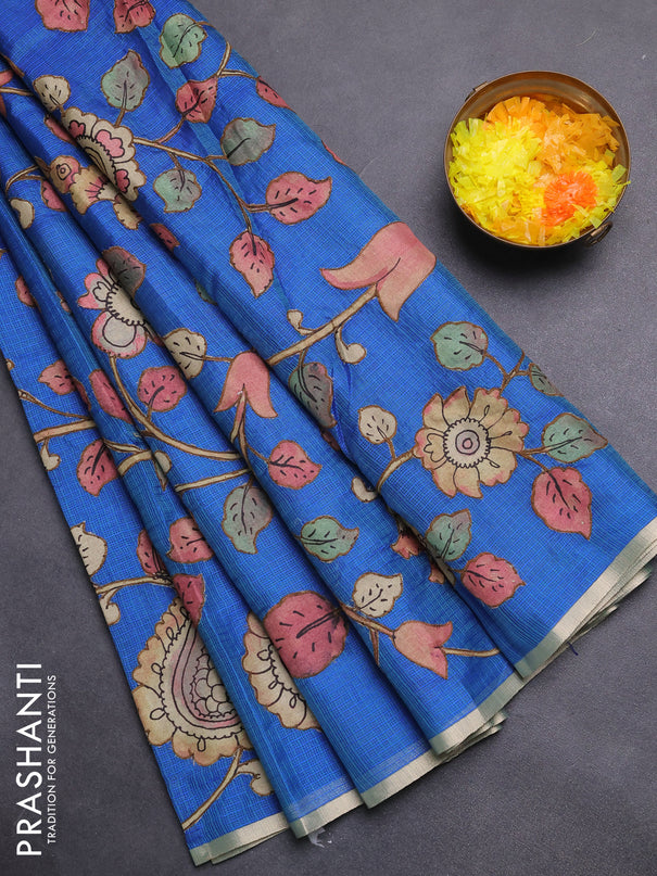 Kota saree dual shade of bluish green with kalamkari applique work