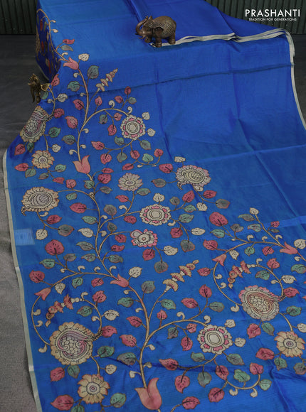 Kota saree dual shade of bluish green with kalamkari applique work