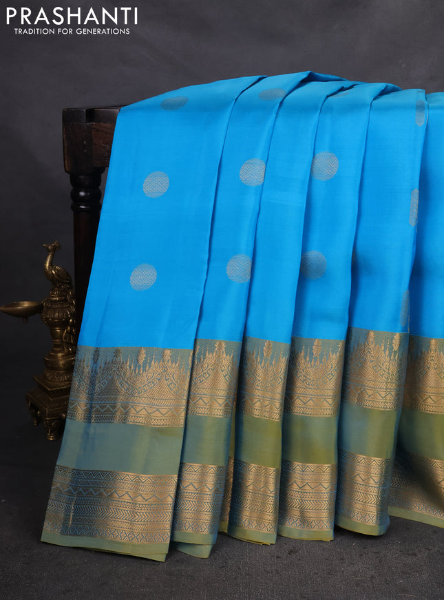 Kanchipuram silk saree cs blue and green shade with zari woven buttas and long zari woven border