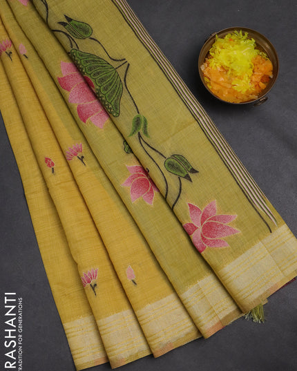Jamdhani cotton saree yellow and light green with thread & zari woven buttas and pichwai pallu