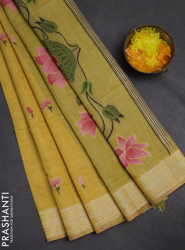 Jamdhani cotton saree yellow and light green with thread & zari woven buttas and pichwai pallu