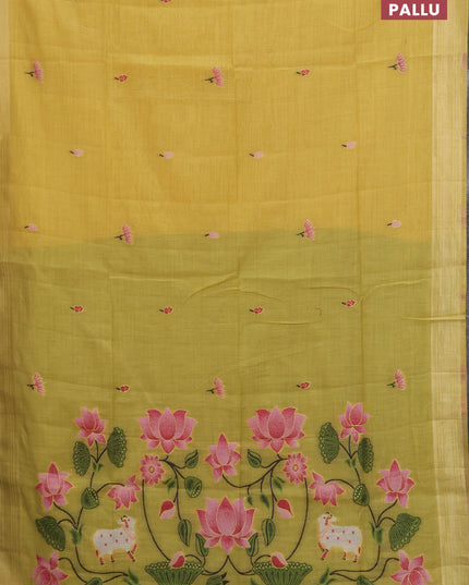 Jamdhani cotton saree yellow and light green with thread & zari woven buttas and pichwai pallu