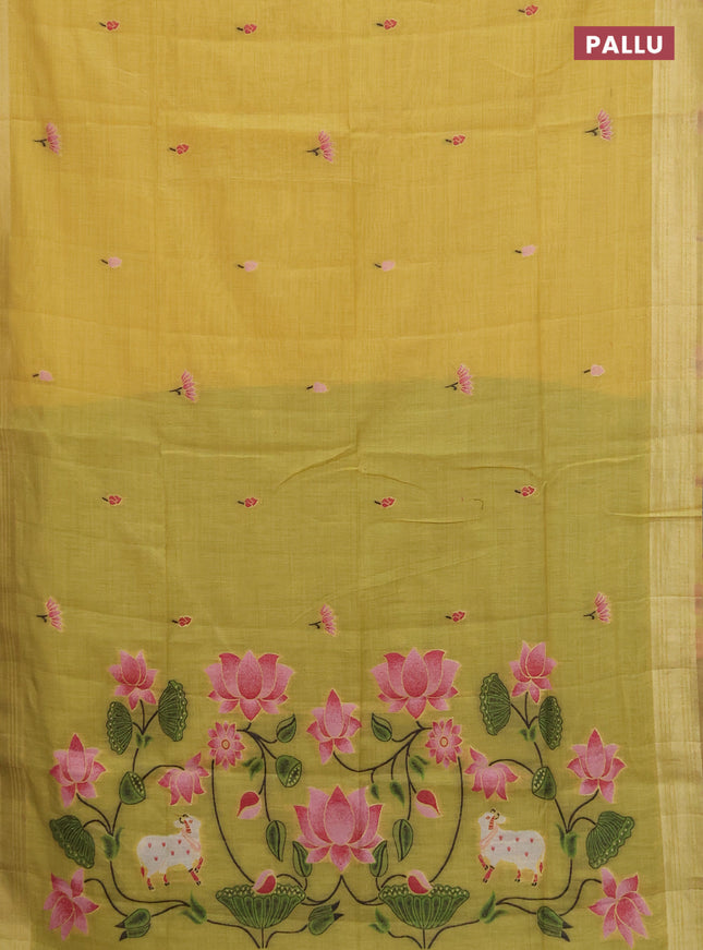 Jamdhani cotton saree yellow and light green with thread & zari woven buttas and pichwai pallu