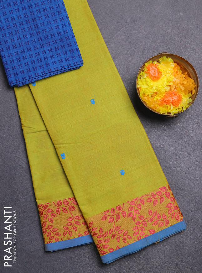 Chettinad cotton saree lime green and cs blue with thread woven buttas and thread woven border