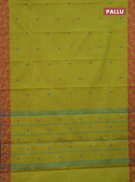 Chettinad cotton saree lime green and cs blue with thread woven buttas and thread woven border