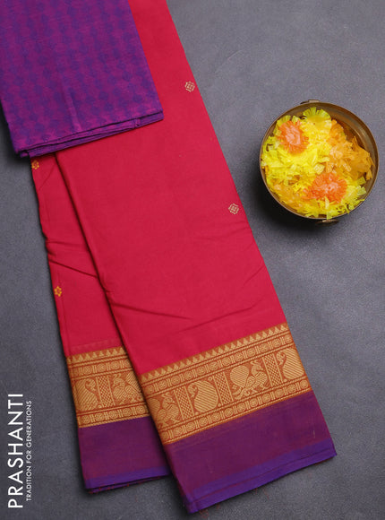 Chettinad cotton saree pink and purple with plain body and thread woven simple border